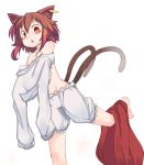  1girl animal_ears bangs bare_shoulders bloomers brown_eyes brown_hair cat_ears cat_tail chen commentary_request earrings eyebrows_visible_through_hair furorina jewelry looking_at_viewer multiple_tails open_mouth short_hair sidelocks simple_background solo standing standing_on_one_leg tail touhou two_tails underwear undressing white_background 