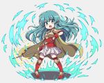  1girl aqua_hair armor blue_eyes blue_hair cape chibi eirika fire_emblem fire_emblem:_seima_no_kouseki fire_emblem_heroes gloves long_hair looking_at_viewer nazonazo_(nazonazot) open_mouth skirt solo sword thigh-highs weapon white_background zettai_ryouiki 