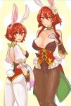  2girls animal_ears ass blush breasts bunny_girl bunny_tail bunnysuit detached_collar egg fake_animal_ears fire_emblem fire_emblem:_mystery_of_the_emblem fire_emblem_heroes gloves large_breasts leotard long_hair looking_at_viewer maria_(fire_emblem) minerva_(fire_emblem) multiple_girls open_mouth pantyhose rabbit_ears red_eyes redhead short_hair simple_background smile tail tnmrdgr white_background 
