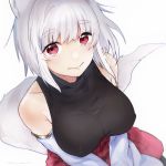  1girl albino animal_ears bare_shoulders black_shirt blush breasts closed_mouth detached_sleeves erect_nipples eyebrows_visible_through_hair japanese_clothes konno_shimako large_breasts looking_at_viewer original red_eyes shirt short_hair simple_background sleeveless sleeveless_shirt solo tail white_background white_hair 