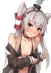  1girl amatsukaze_(kantai_collection) bangs bare_shoulders bikini black_bikini black_choker black_hairband black_shirt blush breasts brown_eyes choker closed_mouth collarbone commentary_request embarrassed frown hair_tubes hairband highres kantai_collection long_hair long_sleeves looking_at_viewer navel nose_blush off_shoulder open_clothes open_shirt shirt silver_hair simple_background sleeves_past_wrists small_breasts smoke solo swimsuit takanashi_kei_(hitsujikan) two_side_up upper_body very_long_hair white_background windsock 