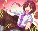  1girl :d blush brown_eyes brown_hair brown_skirt commentary_request fang furorina hairband long_sleeves looking_at_viewer musical_note open_mouth quaver short_hair skirt smile solo touhou tsukumo_yatsuhashi upper_body v-shaped_eyebrows 