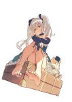  1girl barefoot black_gloves doll_joints dress elbow_gloves gloves granblue_fantasy hat igarashi_youhei mini_hat orchis red_eyes silver_hair sitting stuffed_animal stuffed_toy suitcase twintails 