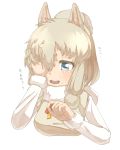  1girl alpaca_ears alpaca_suri_(kemono_friends) blue_eyes check_translation commentary_request crying crying_with_eyes_open eyebrows_visible_through_hair fur_collar fur_trim hair_bun hair_over_one_eye hand_over_eye highres kemono_friends long_sleeves neck_ribbon open_mouth ribbon solo tears tenya translation_request upper_body 