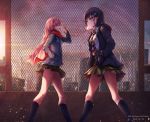  2girls artist_name black_hair black_legwear blue_eyes brown_eyes chain-link_fence cityscape copyright_name darling_in_the_franxx dated earphones earphones eye_contact fence food fruit h2o_(dfo) hair_ornament hairclip hand_up hands_in_pockets highres ichigo_(darling_in_the_franxx) jacket kneehighs long_hair looking_at_another multiple_girls oni_horns outdoors pink_hair plaid plaid_skirt red_scarf scarf skirt standing strawberry striped_neckwear twilight zero_two_(darling_in_the_franxx) 
