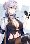  1girl azur_lane bangs black_footwear black_gloves black_legwear black_shirt black_skirt blue_eyes boots breasts cleavage closed_mouth crop_top cross cross_necklace deal_with_it detached_sleeves earrings eternity_(pixiv8012826) eyebrows eyebrows_visible_through_hair eyes_visible_through_hair garter_straps gloves hair_between_eyes hand_up highres holding_eyewear jacket jacket_on_shoulders jewelry large_breasts legs_crossed long_sleeves looking_at_viewer miniskirt mole mole_on_breast navel necklace no_bra open_clothes open_jacket outstretched_arm pantyhose pencil_skirt popped_collar shirt short_hair silver_hair single_detached_sleeve single_sleeve sitting skindentation skirt sleeveless sleeveless_shirt solo star stomach suspenders tachi-e thigh-highs thigh_boots thighs tight tsurime turret washington_(azur_lane) white_jacket wristband 