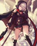  1girl absurdres belt boots breasts cape cleavage commentary_request from_below fur_trim grin hair_over_one_eye hand_up highres holding holding_sword holding_weapon hood hood_up looking_at_viewer nail_polish nekobell red_eyes shadowverse short_hair silver_hair sleeves_past_wrists smile solo standing sword thigh-highs thigh_boots thigh_strap thighs weapon 