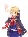  1girl absurdres ahoge artoria_pendragon_(all) bangs black-framed_eyewear black_bow black_jacket blonde_hair blue_shirt blue_skirt bow braid closed_mouth drawstring eyebrows_visible_through_hair fate/grand_order fate_(series) glasses hair_between_eyes hair_bow hair_bun hand_up highres hood hood_down hooded_jacket jacket long_sleeves midriff musical_note mysterious_heroine_x_(alter) navel open_clothes open_jacket plaid plaid_scarf pleated_skirt quaver red_scarf scarf shirt skirt sleeves_past_wrists smile solo white_background yellow_eyes yukaa 