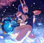  1girl :d bare_shoulders breasts cherry_blossoms eyeliner fang fate/grand_order fate_(series) gourd horns japanese_clothes kimono long_hair makeup off_shoulder ofstan oni open_clothes open_kimono open_mouth petals purple_hair short_hair shuten_douji_(fate/grand_order) smile solo teeth violet_eyes water 