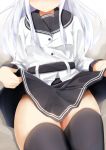  1girl belt black_legwear black_skirt blush closed_mouth commentary_request hibiki_(kantai_collection) kantai_collection lifted_by_self long_hair nenosame out_of_frame remodel_(kantai_collection) school_uniform serafuku silver_hair skirt skirt_lift smile solo thigh-highs verniy_(kantai_collection) zettai_ryouiki 