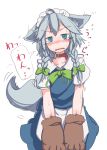 1girl ahoge animal_ears bangs blue_eyes blush bow bowtie braid collar commentary_request cowboy_shot dog_ears dog_tail eyebrows_visible_through_hair furorina gloves green_bow green_neckwear grey_hair hair_bow izayoi_sakuya kemonomimi_mode looking_at_viewer maid maid_headdress nose_blush open_mouth paw_gloves paws short_hair_with_long_locks short_sleeves side_braid simple_background solo speech_bubble sweat tail tears touhou twin_braids white_background 