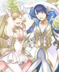  1girl alfonse_(fire_emblem) animal animal_ears aym_(ash3ash3ash) blonde_hair blue_hair braid breasts brother_and_sister bunny_girl bunny_tail bunnysuit cleavage detached_collar earmuffs fake_animal_ears fire_emblem fire_emblem_heroes gloves green_eyes long_hair looking_at_viewer medium_breasts multicolored_hair open_mouth rabbit rabbit_ears sharena short_hair siblings simple_background smile tail white_background 