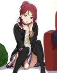  1girl bracelet breasts brown_eyes candy casual choker cleavage collarbone couch covering covering_crotch food hair_ornament hairclip highres icehotmilktea jewelry lollipop looking_at_viewer love_live! love_live!_sunshine!! mouth_hold plaid plaid_skirt ponytail redhead sakurauchi_riko sitting skirt solo thigh-highs 