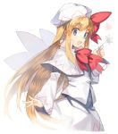  1girl blonde_hair blue_eyes bow bowtie capelet eyebrows_visible_through_hair fairy_wings flower from_side hat hat_bow holding holding_flower kasuka_(kusuki) lily_white long_hair long_sleeves open_mouth red_bow red_neckwear sidelocks simple_background skirt skirt_set smile solo touhou white_background white_capelet white_hat white_skirt wings 