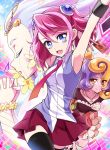  3girls aria_the_melodious_diva bloom_diva_the_melodious_choir blue_eyes breasts dress duel_disk duel_monster hiiragi_yuzu multicolored_hair multiple_girls musical_note necktie pink_hair pink_skin pleated_skirt skirt thigh-highs twintails two-tone_hair yu-gi-oh! yuu-gi-ou_arc-v 