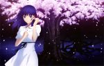  1girl ajiki_kei black_ribbon blue_hair breasts cherry_blossoms collarbone copyright_name dress fate/stay_night fate_(series) floating_hair flower hair_ribbon heaven&#039;s_feel highres large_breasts long_hair matou_sakura namesake night official_art outdoors parted_lips petals pink_flower pink_ribbon ribbon solo standing tree violet_eyes white_dress 