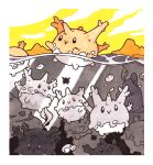  closed_mouth corsola creature excarabu floating gen_2_pokemon mountain nature nintendo no_humans outdoors partially_colored pokemon pokemon_(creature) smile swimming underwater water yellow_sky 