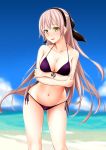 1girl bangs bare_arms bare_shoulders beach bikini black_hairband black_ribbon blurry blurry_background breasts cleavage clouds collarbone crossed_arms deoxys eiyuu_densetsu elie_macdowell front-tie_bikini front-tie_top gluteal_fold groin hair_ribbon hairband halter_top halterneck horizon large_breasts legs_apart long_hair looking_at_viewer mizuno_asami ocean open_mouth pink_hair purple_bikini purple_ribbon ribbon side-tie_bikini solo standing strapless sweatdrop swimsuit very_long_hair water yellow_eyes zero_no_kiseki 