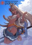  1girl :d armpits artist_name bare_legs bare_shoulders barefoot bikini blue_skirt blue_sky blush breasts brown_eyes closed_eyes clouds collarbone day eyebrows_visible_through_hair flower full_body granblue_fantasy grey_bikini grey_shirt hair_between_eyes hair_flower hair_ornament huge_weapon jumping long_hair long_sleeves looking_at_viewer medium_breasts miniskirt navel off_shoulder open_clothes open_fly open_mouth open_shirt patreon_logo petticoat pleated_skirt saiste sheath sheathed shiny shiny_hair shirt silver_hair skirt skirt_pull sky smile solo stomach straight_hair swimsuit sword sword_behind_back the_order_grande very_long_hair watermark weapon web_address 