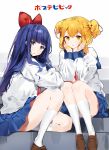  2girls :3 :o bangs blue_eyes blue_hair blue_sailor_collar blunt_bangs bow commentary copyright_name eyebrows_visible_through_hair hair_bow hair_ornament hair_scrunchie hands_on_own_face highres loafers long_hair multiple_girls ongyageum open_mouth orange_eyes orange_hair pipimi poptepipic popuko sailor_collar school_uniform scrunchie serafuku shoes sidelocks sitting smile socks stairs two_side_up white_background white_legwear yellow_scrunchie 