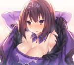  1girl arms_up bangs bare_shoulders breasts caster_(lostbelt) cleavage craytm dress fate/grand_order fate_(series) fur_trim hand_up large_breasts long_hair looking_at_viewer necktie open_mouth purple_dress purple_hair red_eyes solo sweat upper_body 
