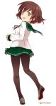  1girl asoka brown_hair from_behind full_body gradient_hair green_sailor_collar green_skirt kantai_collection long_sleeves looking_at_viewer looking_back multicolored_hair mutsuki_(kantai_collection) open_mouth pantyhose red_eyes sailor_collar school_uniform serafuku short_hair simple_background skirt smile solo twitter_username white_background 