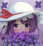  1girl artist_name bangs blush bow commentary copyright_request covered_mouth eyebrows_visible_through_hair flower grey_background hair_bow hat highres long_hair looking_at_viewer purple_flower purple_hair red_bow seero signature simple_background solo violet_eyes white_hat 