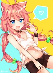  1girl :d ahoge animal_ears bike_shorts black_shorts blue_eyes blush cat_ears fukunoki_tokuwa hair_bobbles hair_ornament heart highres hinata_channel long_hair looking_at_viewer midriff navel nekomiya_hinata open_mouth pink_hair shirt shorts sleeveless sleeveless_shirt smile solo spoken_heart twintails twitter_username virtual_youtuber white_shirt 