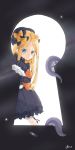  1girl :&lt; abigail_williams_(fate/grand_order) bangs black_bow black_dress black_hat blonde_hair bloomers blue_eyes blush bow butterfly closed_mouth commentary_request dress eyebrows_visible_through_hair fate/grand_order fate_(series) forehead hair_bow hat highres insect keyhole librasono1 long_hair long_sleeves looking_at_viewer object_hug orange_bow parted_bangs polka_dot polka_dot_bow signature sleeves_past_fingers sleeves_past_wrists solo stuffed_animal stuffed_toy suction_cups teddy_bear tentacle underwear very_long_hair white_bloomers 