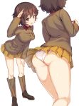  1girl :d akiyama_yukari alternate_costume ass blush boots breasts brown_eyes brown_hair brown_jacket buttons chi-hatan_military_uniform girls_und_panzer highres ikomochi jacket long_sleeves medium_breasts military military_uniform multiple_views open_mouth panties pleated_skirt salute shiny shiny_hair short_hair skirt smile solo underwear uniform white_panties yellow_skirt zipper 