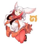  1girl :d bangs black_footwear buttons eyebrows_visible_through_hair full_body furorina gloves gradient_hair head_wings japanese_crested_ibis_(kemono_friends) kemono_friends long_sleeves looking_at_viewer mary_janes multicolored_hair open_mouth orange_gloves orange_skirt pantyhose pleated_skirt red_legwear shoes short_hair_with_long_locks simple_background skirt smile solo tail thigh_gap white_background wide_sleeves yellow_eyes 