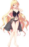  1girl absurdres barefoot black_panties blonde_hair blush breasts collarbone eyebrows_visible_through_hair full_body gluteal_fold hand_on_hip hand_to_head highres large_breasts lingerie long_hair looking_at_viewer official_art one_eye_closed open_mouth panties shougun-sama_wa_otoshigoro shouna_mitsuishi solo standing strap_slip tokugawa_muneharu transparent_background underwear very_long_hair 