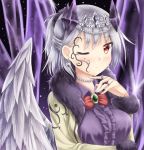  1girl ;o akiteru98 bow bowtie breasts brooch collared_shirt earrings fur_trim half_updo jacket jewelry kishin_sagume looking_at_viewer medium_breasts one_eye_closed red_eyes ring shirt silver_hair single_wing solo tattoo touhou wings 