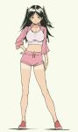  1girl bangs black_eyes black_hair breasts cleavage contrapposto cropped_jacket crossed_arms full_body hand_on_hip large_breasts long_hair midriff navel original parted_bangs pas_(paxiti) shoes short_shorts shorts slit_pupils smile sneakers solo standing tan tanline two_side_up 