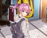 1girl backpack bag blue_eyes blush cannon casual croquette food food_on_face from_behind hood hoodie kantai_collection looking_at_viewer looking_back narushima_kanna outdoors pink_hair ponytail shiranui_(kantai_collection) solo twitter_username 