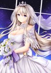  1girl azur_lane bangs bare_shoulders blush bouquet breasts bridal_veil closed_mouth commentary_request crown dress earrings enterprise_(azur_lane) eyebrows_visible_through_hair flower highres holding jewelry large_breasts long_hair looking_at_viewer mini_crown night night_sky silver_hair sky smile solo standing star_(sky) veil violet_eyes white_dress wsman 