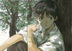  1boy bangs black_eyes black_hair black_pants branch collared_shirt commentary_request earphones hands_on_own_shoulder ikari_shinji in_tree leaf looking_to_the_side male_focus mc neon_genesis_evangelion official_style pants parted_bangs partially_opened_mouth shirt short_hair sitting sitting_in_tree solo tree white_shirt 