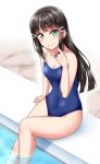 1girl bangs black blue_swimsuit blush commentary_request covered_navel green_eyes hair_ornament hair_twirling hairclip highres kurosawa_dia long_hair looking_at_viewer love_live! love_live!_sunshine!! mole mole_under_mouth one-piece_swimsuit school_swimsuit sitting smile soaking_feet solo swimsuit yopparai_oni 