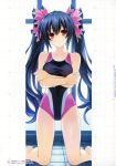  1girl absurdres bangs bare_shoulders black_hair blush breasts collarbone covered_navel crossed_arms eyebrows_visible_through_hair highres kneeling long_hair looking_at_viewer medium_breasts neptune_(series) noire official_art one-piece_swimsuit parted_lips red_eyes scan solo swimsuit tsunako twintails wet 