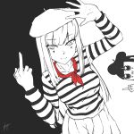  1girl :3 bangs beret bkub_(style) blunt_bangs commentary eyebrows_visible_through_hair facepaint hat japon_mignon middle_finger monochrome neckerchief pipimi pleated_skirt poptepipic shirt signature skirt solo spot_color striped striped_shirt tsurime yirga 