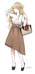  1girl alternate_costume bag belt belt_buckle black_eyes black_footwear blonde_hair braid brown_skirt buckle casual character_name full_body handbag highres italian_flag jewelry kantai_collection long_hair long_skirt looking_away looking_to_the_side morinaga_miki necklace no_legwear no_socks one_side_up pendant profile shirt shoes side_braid simple_background skirt sleeves_past_elbows solo standing wavy_hair white_background white_shirt zara_(kantai_collection) 