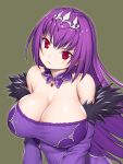 1girl asamura_hiori bangs bare_shoulders breasts caster_(lostbelt) cleavage closed_mouth commentary_request detached_sleeves dress eyebrows_visible_through_hair fate/grand_order fate_(series) fur_trim headpiece highres jewelry large_breasts long_hair looking_at_viewer necklace purple_dress purple_hair red_eyes simple_background solo tiara upper_body 