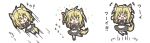  &gt;_&lt; +++ 1girl :d ahoge animal_ears apron arms_up bangs black_dress black_footwear blonde_hair chibi closed_eyes dog_ears dog_girl dog_tail dress eyebrows_visible_through_hair facing_viewer flying_sweatdrops hair_between_eyes heart holding holding_wand jumping long_hair looking_at_viewer maid maid_headdress open_mouth original outstretched_arms puffy_short_sleeves puffy_sleeves rinechun short_sleeves smile sparkle standing standing_on_one_leg tail thigh-highs translation_request wand white_apron white_legwear xd |_| 