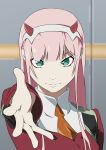  1girl absurdres aqua_eyes darling_in_the_franxx hairband highres horns looking_at_viewer orange_neckwear pilot_suit pink_hair reaching_out solo sorawo_aruite straight_hair traditional_media watercolor_(medium) white_hairband zero_two_(darling_in_the_franxx) 