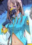  1girl absurdres blue_sky day earrings gas_mask gloves grey_hair highres jewelry long_hair looking_at_viewer midriff okuto original signature sky solo standing uniform violet_eyes 