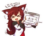 &gt;_&lt; 1girl :d animal_ears bandaid blush brown_hair commentary crack dress english facial_hair flying_sweatdrops imaizumi_kagerou long_hair long_sleeves mustache open_mouth smile sparkle tablet tail tears touhou wacom wolf_ears wolf_tail wool_(miwol) xd 