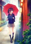  1girl absurdres alley bag bag_charm bangs black_footwear blue_eyes blue_sweater blurry blurry_background blurry_foreground bow bowtie brown_skirt charm_(object) day eyebrows_visible_through_hair flower_pot full_body fuyuno_yuuki highres holding holding_umbrella kneehighs lantern loafers long_hair long_sleeves looking_away looking_to_the_side navy_blue_legwear original outdoors parted_lips plaid plaid_skirt plant pleated_skirt potted_plant puddle purple_hair rain red_bow red_neckwear school_bag shoes shoulder_bag signature skirt smile solo_focus stone_floor sweater umbrella walking wall water 