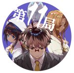  1boy 3girls ahoge bangs beret black_choker blue_dress blue_eyes brown_eyes brown_hair choker collared_shirt diagonal_stripes dress eyebrows_visible_through_hair facing_away glasses green_eyes grey_jacket hat hinatsuru_ai jacket jewelry kiyotaki_keika kuzuryuu_yaichi light_brown_hair long_hair long_sleeves low_twintails multiple_girls necktie parted_bangs pendant pinstripe_pattern puffy_short_sleeves puffy_sleeves red-framed_eyewear ryuuou_no_oshigoto! sailor_collar school_uniform shirabi shirt short_hair short_over_long_sleeves short_sleeves sidelocks silver_hair sora_ginko striped twintails vertical-striped_jacket vertical_stripes white_hat white_sailor_collar white_shirt yellow_neckwear 