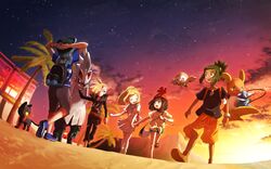  2girls 3boys alola_form alolan_raichu arms_behind_head backpack bag baseball_cap beanie black_hair black_pants black_shirt blonde_hair brother_and_sister capri_pants closed_eyes clouds dark_skin dark_skinned_male from_behind gen_1_pokemon gen_7_pokemon gladio_(pokemon) green_hair green_shorts hair_over_one_eye hand_holding handbag hat hau_(pokemon) highres hood hood_down hoodie lillie_(pokemon) litten long_hair long_sleeves miu_(miuuu_721) mizuki_(pokemon_sm) multiple_boys multiple_girls open_mouth orange_shorts palm_tree pants pokemon pokemon_(creature) pokemon_(game) pokemon_sm ponytail popplio red_hat rowlet shirt short_hair short_sleeves shorts siblings silvally skirt sky star_(sky) striped striped_shirt sunset tied_shirt torn_clothes torn_pants tree white_shirt white_skirt you_(pokemon_sm) z-ring 