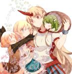  4girls atoki blonde_hair blush bucket closed_eyes green_eyes green_hair hair_ribbon horn hoshiguma_yuugi hug kisume kurodani_yamame long_hair looking_at_another mizuhashi_parsee multiple_girls open_mouth pointy_ears red_eyes ribbon short_hair smile touhou twintails 